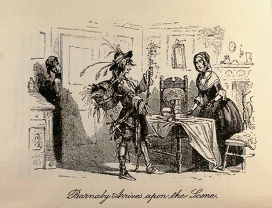 'Barnaby Arrives on the Scene', from 'Barnaby Rudge' by Charles Dickens (1812-70) (engraving)