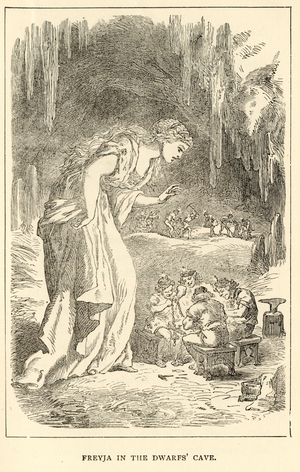 Freyja in the Dwarfs' Cave, illustration from 'The Heroes of Asgard' by A. & E. Keary, published 1930 (engraving)