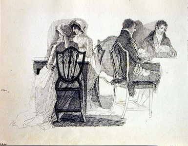 Two groups in an interior (ink on paper)