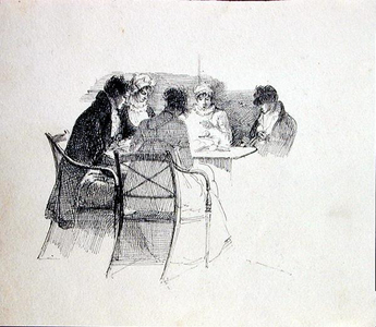 Group gathered round a table (pen and ink on paper)
