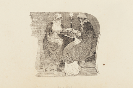 Two women reading by lamplight, 1804 (pen and ink on paper)