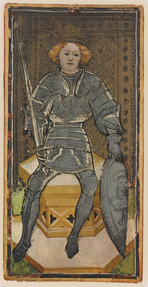 The King of Swords, facsimile of a tarot card from the 'Visconti' deck, 1441-47 (colour litho)