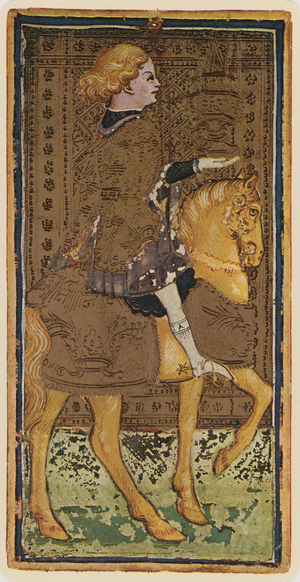 The Knight of Cups, facsimile of a tarot card from the 'Visconti' deck, 1441-47 (colour litho)
