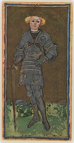 The Knave of Swords, facsimile of a tarot card from the 'Visconti' deck, 1441-47 (colour litho)