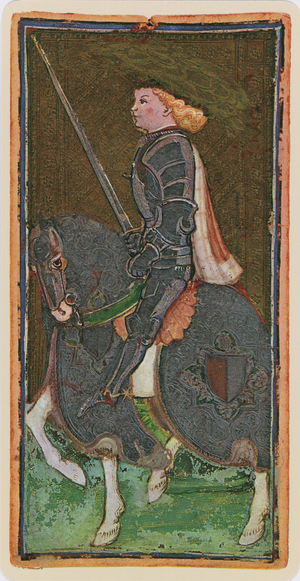 The Knight of Swords, facsimile of a tarot card from the 'Visconti' deck, 1441-47 (colour litho)