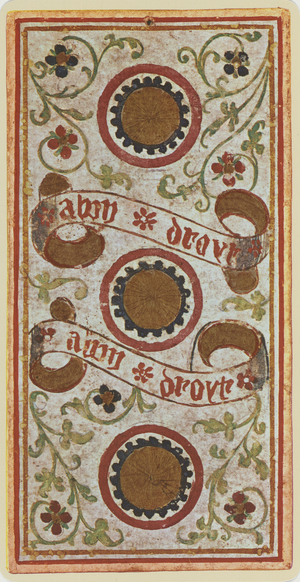 The Three of Coins, facsimile of a tarot card from the 'Visconti' deck, 1441-47 (colour litho)