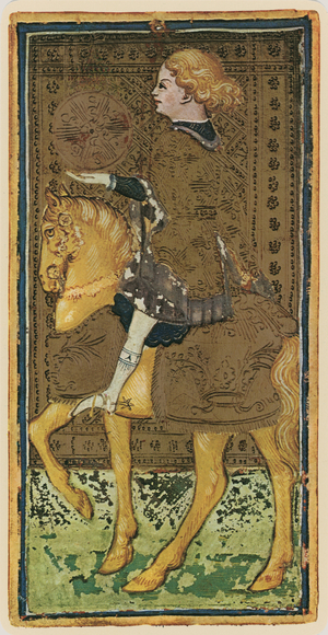 The Knight of Coins, facsimile of a tarot card from the 'Visconti' deck, 1441-47 (colour litho)
