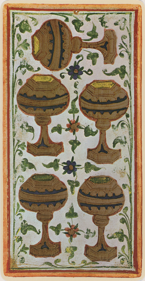 The Five of Cups, facsimile of a tarot card from the 'Visconti' deck, 1441-47 (colour litho)