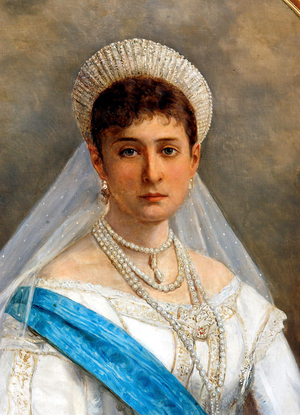 30/10/2003. Detail du portrait de la Tsarine Alexandra Feodorovna, épouse de Nicolas II par Nikolai Schilder (1828 - 1898). Photo Frassinetti