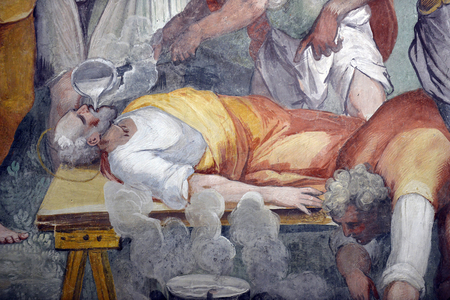 Martyres des premiers chretiens : Feliciano buvant du plomb brulant - Fresque d'Antonio Tempesta (1555-1630) 1582, Chapelle de saint Primus et Felicien (Primo e Feliciano) Basilica di Santo Stefano Rotondo al Celio (Eglise Saint-Etienne-le-Rond) Rome Photo Frassineti ©AGF/Leemage
