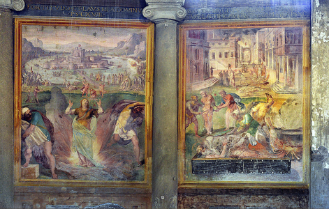 Martyres des premiers chretiens : les martyres de sainte Agnes et de saint Erasme - Cycle de fresques de Niccolo Circignani dit Pomarancio (1530-1597) 1582, Basilica di Santo Stefano Rotondo al Celio (Eglise Saint-Etienne-le-Rond) Rome Photo Frassineti ©AGF/Leemage