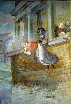 Martyres des premiers chretiens : le pape Callixte jete par la fenetre - Cycle de fresques de Niccolo Circignani dit Pomarancio (1530-1597) 1582, Basilica di Santo Stefano Rotondo al Celio (Eglise Saint-Etienne-le-Rond) Rome Photo Frassineti ©AGF/Leemage