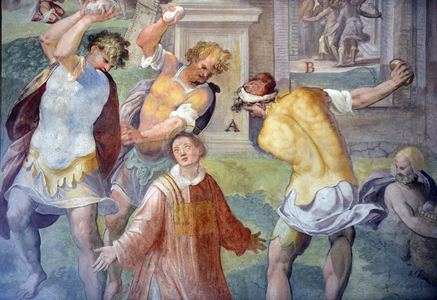 Martyres des premiers chretiens : la lapidation de saint Etienne - Cycle de fresques de Niccolo Circignani dit Pomarancio (1530-1597) 1582, Basilica di Santo Stefano Rotondo al Celio (Eglise Saint-Etienne-le-Rond) Rome Photo Frassineti ©AGF/Leemage