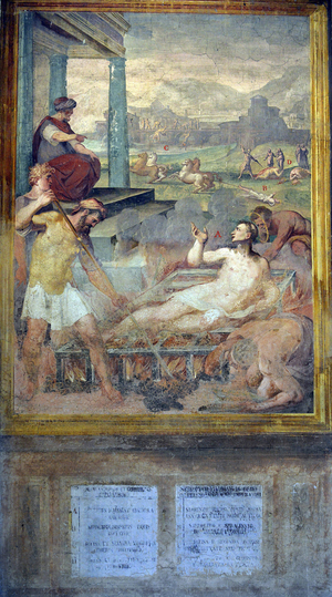 Martyres des premiers chretiens : le le martyre de saint Laurent - Cycle de fresques de Niccolo Circignani dit Pomarancio (1530-1597) 1582, Basilica di Santo Stefano Rotondo al Celio (Eglise Saint-Etienne-le-Rond) Rome Photo Frassineti ©AGF/Leemage