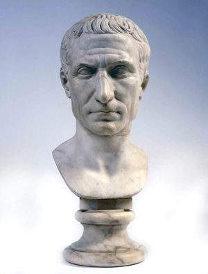 Buste de Jules Cesar dit de Chiaromonte 1er siecle avant JC (Julius Gaius CAESAR, 101-44 av JC), general et homme d'Etat romain. Le seul portrait realise de son vivant. Galerie Chiaromonte. Vatican.