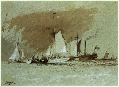 Fishing Boats at Sea, boarding a Steamer off the Isle of Wight (Indian ink heightened with white on paper)