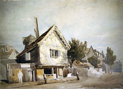 A street with old houses, a windmill beyond (w/c on paper)