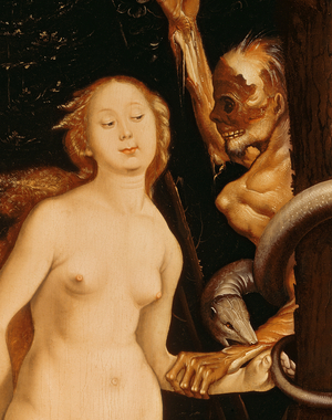 Eve, the Serpent and Death (oil on panel) (detail of 35456)