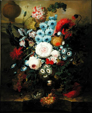 Carnations, Morning Glory, Roses, Auriculas, Hyacinth and Other Flowers with a Birds Nest on a Marble Ledge (oil on canvas)