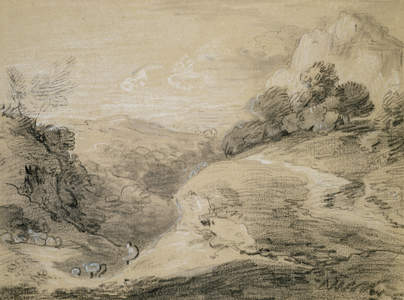 A Hilly Landscape with Shepherd and Sheep (black & white chalk on buff paper)