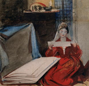 A Lady in a Medieval Costume studying the Contents of a Portfolio (w/c on paper)