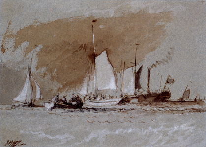 Fishing boats at sea, boarding a steamer off Cowes, Isle of Wight (pen & ink wash and bodycolour on blue paper)