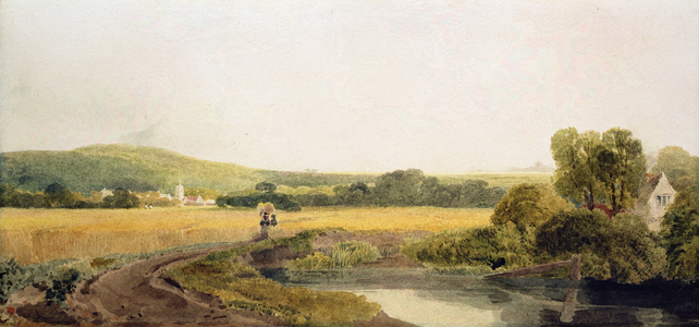A Cornfield by a Backwater near a Village in the Thames Valley (w/c on paper)