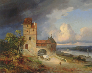 Landscape by the River with the Tower and Gateway, 1844 (oil on board)
