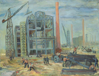 At the Building, 1951 (oil on canvas)