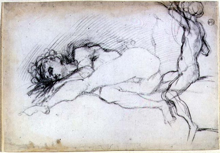 Study of seated and prone figures for a lunette in the saloon at the Villa Medici at Poggio a Caiano (chalk)