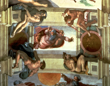 Sistine Chapel Ceiling: God Separating the Land from the Sea, with four Ignudi, 1510 (fresco) (post restoration)