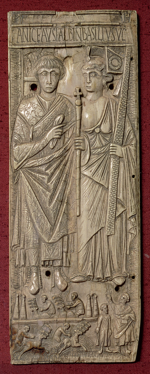 Plaque depicting Basiliscus, Emperor of the East (d.478) with a chariot race below, Roman, 480 AD (ivory)