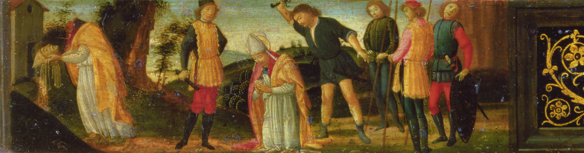 The Martyrdom of St. Denis (Dionysius) of Paris, section of predella panel depicting scenes from the lives of the saints from the altarpiece of the Madonna and Child Enthroned with Saints (panel)