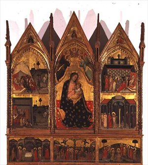 Triptych: Madonna and Child Enthroned flanked by scenes from the life of St. Bartholomew with a predella panel of scenes from the life of Christ, School of the Marches, 14th century (tempera on panel)