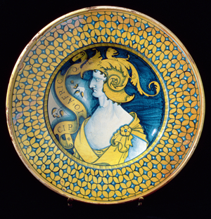 Maiolica plate bearing a profile portrait of a warrior, possibly Scipio Africanus, Italian, 16th century (ceramic)