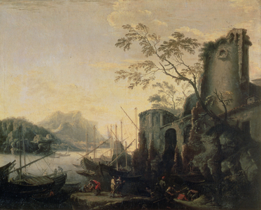 River landscape with boats and ruins