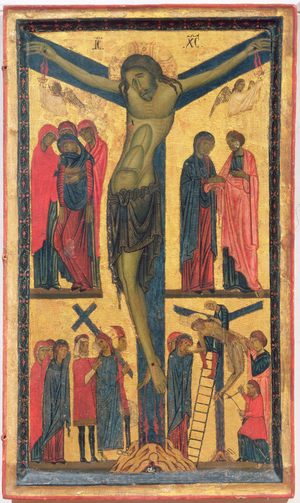 The Crucifixion with Holy women, mourners, Christ on the Road to Calvary and the Deposition, right panel of a diptych (tempera on panel)