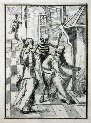 ""Une vie de confort peut retarder la Mort mais ne peut l'eviter"" Un couple bourgeois se chauffe pres d'une cheminee, derriere l'homme, un squelette symbolise la Mort toujours presente. Dessin tiree de ""Le cortege de la Mort"" (Il Corteggio della Morte) de l'abbe Angelo Donati. 1596 Venise, Biblioteca Marciana