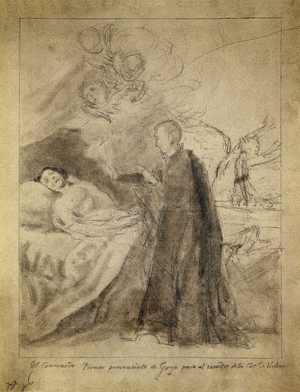 Saint Francois (Francis) Borgia (1510-1578) au chevet d'un impenitent mourant. Dessin 1788, de Francisco de Goya y Lucientes (1746-1828). Esquisse pour le tableau du meme titre commande par la famille Ausuna. Musee du Prado, Madrid.