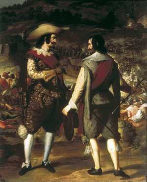 The capture of San Juan in Puerto Rico (Puerto Rico) (1625). Detail. In the foreground, Don Juan de Haro talks to his assistant. Behind him the fortress guarded by the Spaniards who force the Dutch to leave. Painting by Eugenio Caxes or Cajes (1577-1634), 1625-1634. Madrid. Prado Museum.
