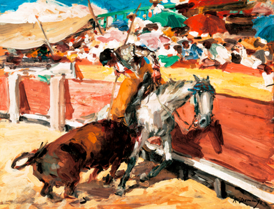 The picador, mounted on horseback, tests the bull's bravery with his lance, 1901-56 (oil on canvas)