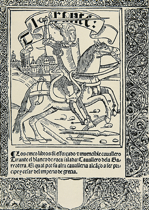 Knight on his mount, Frontispiece of the Spanish work Tirant lo Blanc by Joanot MARTORELL (1413-1468), 15th century (engraving)