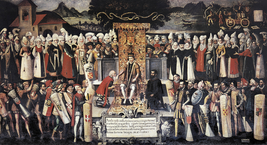 Ceremony of hand kissing (hand kissing) following the declaration of privileges by King Ferdinand the Catholic (1452-1516). Painting by Francisco de mendieta Y Retes (16th century). Spain, Guernica. House of Juntas.