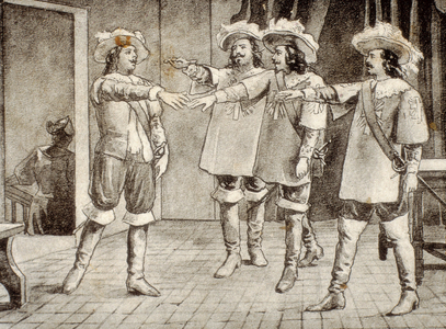 Representation of D'artagnan and the three Musketeers shouting their motto: “One for all, all for one” from Alexandre Dumas's novel “The Three Mouquetaires” (engraving)