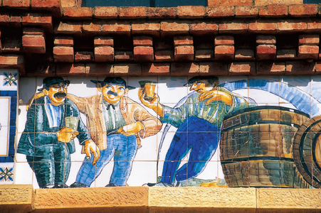 Drunken men drinking wine (detail) El Pinell de Prai, Spain (ceramic)