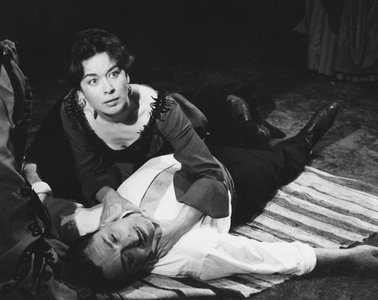 The comedians Aurora Bautista and E. Diosdado in a scene from the play “" Yerma "” by the Spanish poet and playwright Federico Garcia Lorca (1898-1936). Teatro Eslava in Madrid. 1960 Fundacion Federico Garcia Lorca. Madrid