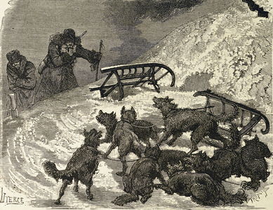 Siberia. Sleigh overturned, russian artist  (Engraving),