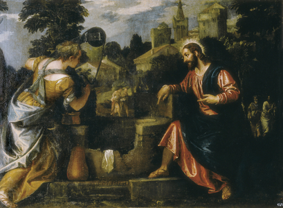 Christ and the Samaritan woman at the well. Painting by Paolo Caliari said Paolo Veronese (1528-1588) ,1580. Real Monasterio de San Lorenzo de El Escorial.