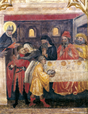 Altarpiece of Saint Nicholas, Saint Clare and Saint Anthony. Detail. Scene from the life of Saint Nicholas Tabla con escena de la vida de San Nicolas. Painting by The Master of OBISPO GALIANA (14th century). From the Church of Sant Nicolas Vell in Porto, Portugal Palma de Mallorca (Mallorca, Mallorca). Museum of Mallorca.