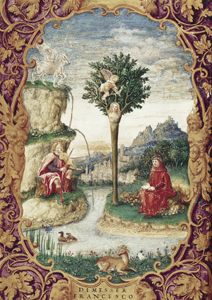 The Poet, Laura de Noves (in the tree), a musician and the city of Florence in the background
